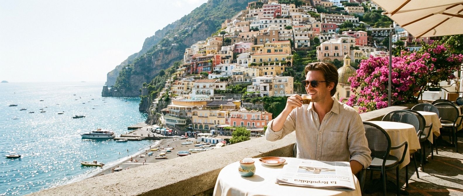 A wide-angle, sun-drenched photograph of a person enjoying a traditional Italian espresso at an outdoor cafe table, overlooking the sparkling Mediterranean Sea in a vibrant coastal town. The scene conveys a sense of relaxed confidence and cultural immersion.