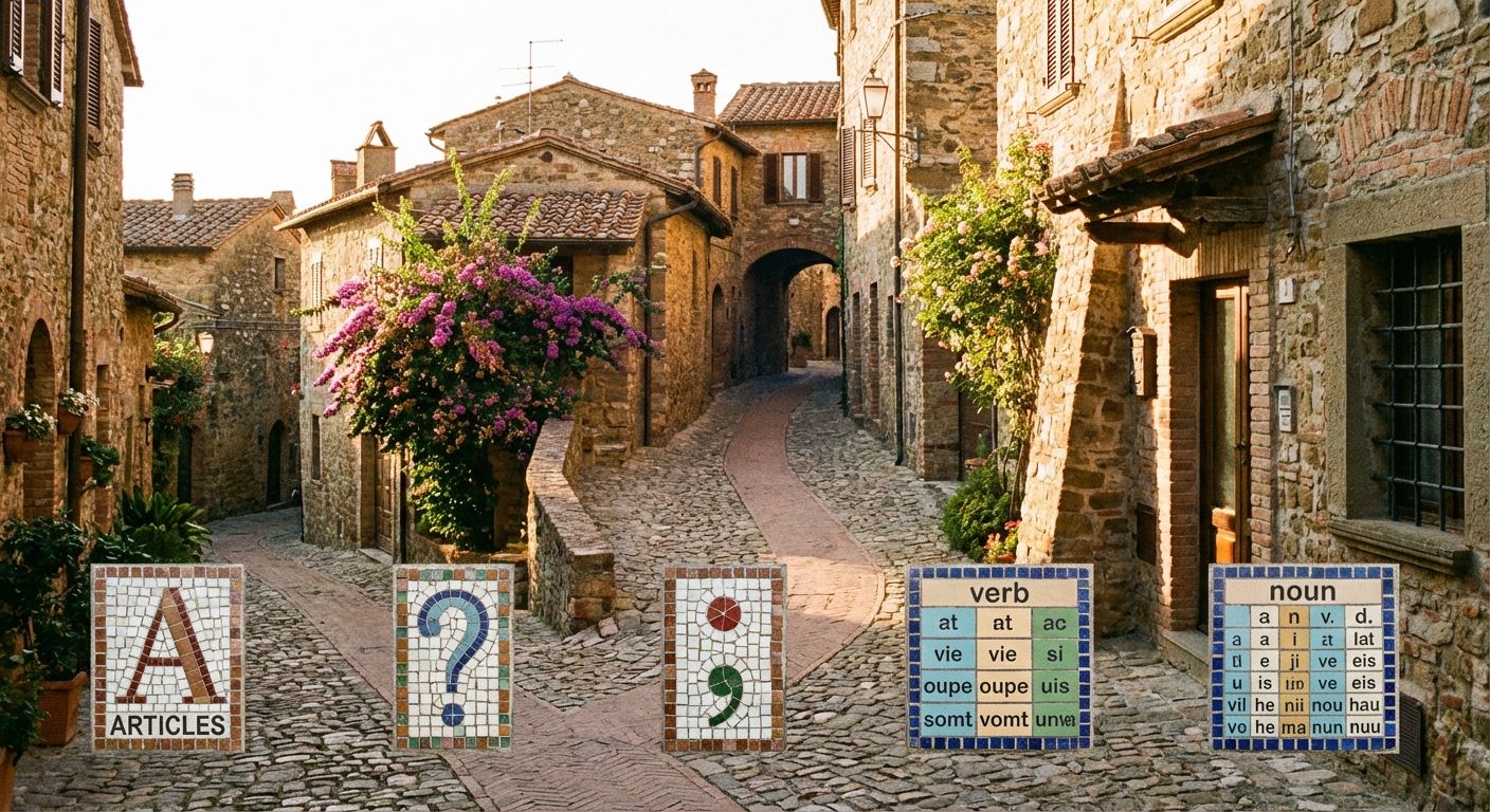 A sun-drenched, ancient Italian village street, with a narrow cobblestone path winding gently, suggesting a journey of learning. Along the path, small, distinct, beautifully crafted mosaic tiles are embedded, each one a unique symbol or letter, representing precise, foundational grammar points, photographed with warm, inviting light.