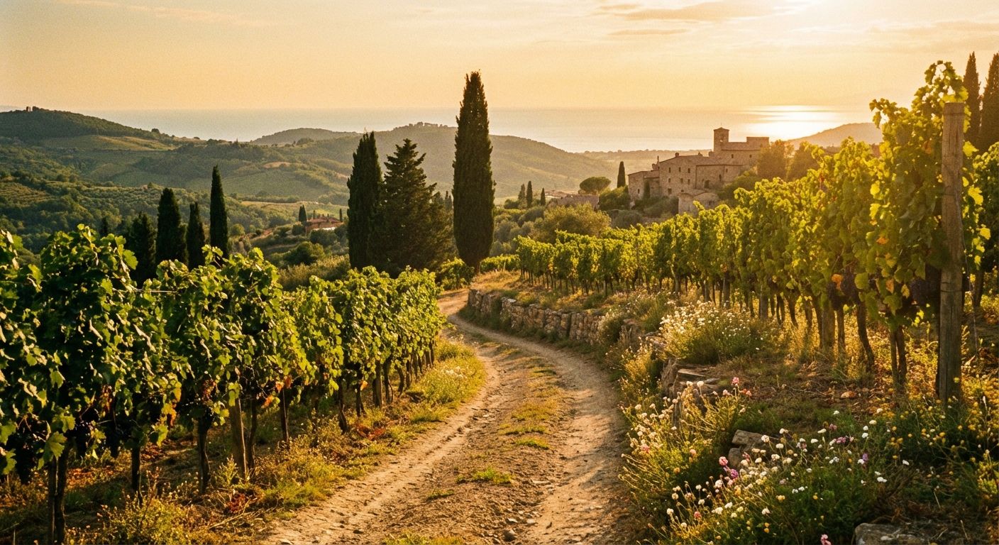 A picturesque, sun-drenched path winds through an Italian vineyard, leading towards a distant horizon. The mood is hopeful and anticipatory, capturing the essence of looking forward to what will be.