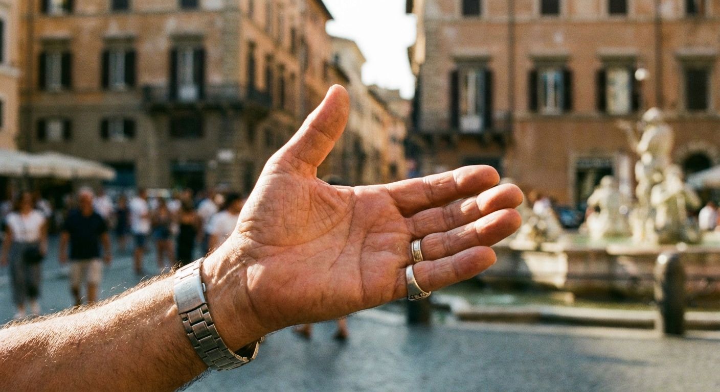 A close-up, dynamic shot of an Italian person's hand making a characteristic, expressive gesture, as if directing someone or inviting them to action, bathed in warm, natural light with a softly blurred background hinting at a vibrant Italian piazza.