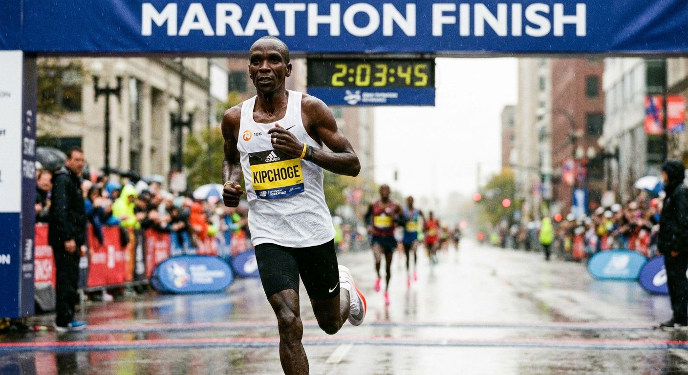 A dynamic, close-up photograph of a runner in mid-stride, intensely focused, just meters away from crossing a finish line. The image should convey both the ongoing effort of running and the imminent completion of the race, with a sense of anticipation and motion blur in the background.