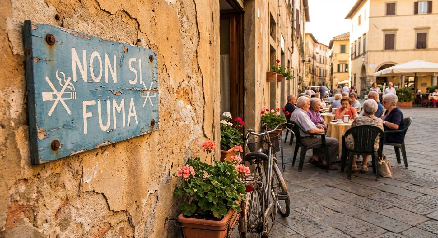 A vintage, weathered "Non si fuma" (No Smoking) sign is prominently displayed on a pastel-colored wall in a charming, sun-drenched Italian piazza. The scene evokes a sense of everyday life and common rules, rendered as a vivid, inviting photograph.