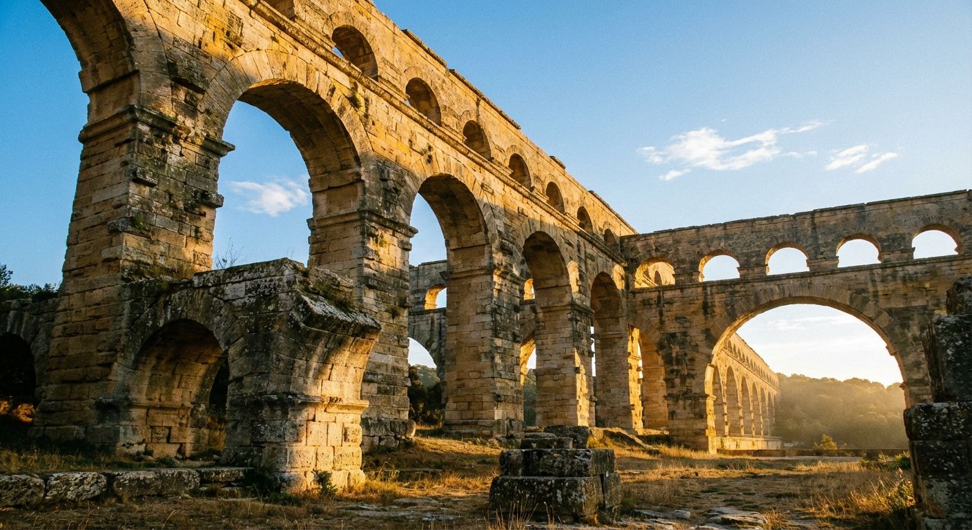 A stunning, low-angle photograph of an ancient Roman aqueduct, its majestic arches stretching rhythmically into the distance under a clear, bright sky. Golden sunlight illuminates the weathered stone, emphasizing the intricate and seamless connection of each segment.