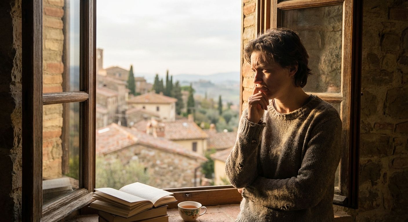 A thoughtful person gazes out a window, their face illuminated by soft, natural light, with a slightly pensive and uncertain expression. Beyond the window, a picturesque Italian landscape is softly blurred, suggesting contemplation and the subjective nature of opinions and doubts.