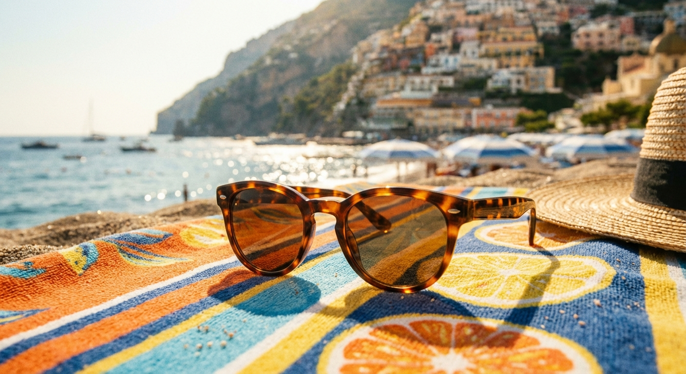 A close-up photograph of a pair of classic sunglasses resting on a vibrant beach towel, with a blurred background of a sunny Italian coastline and the sparkling sea. The mood is optimistic and anticipates a warm, relaxing day.