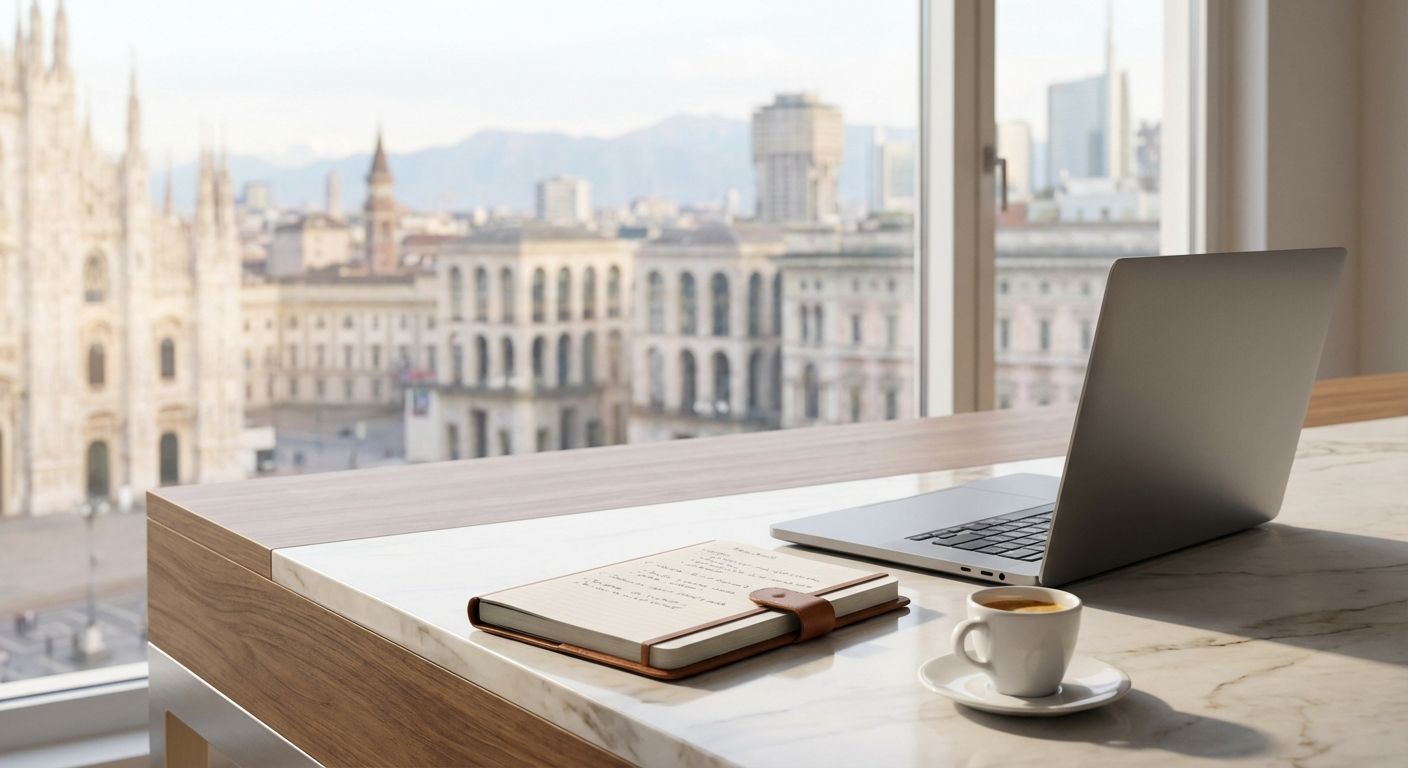 A bright, modern Italian office desk features a minimalist laptop, a neat notebook, and a classic espresso cup. Soft morning light illuminates the scene, with a subtly blurred Italian cityscape visible through a large window, conveying a sense of professional ambition.