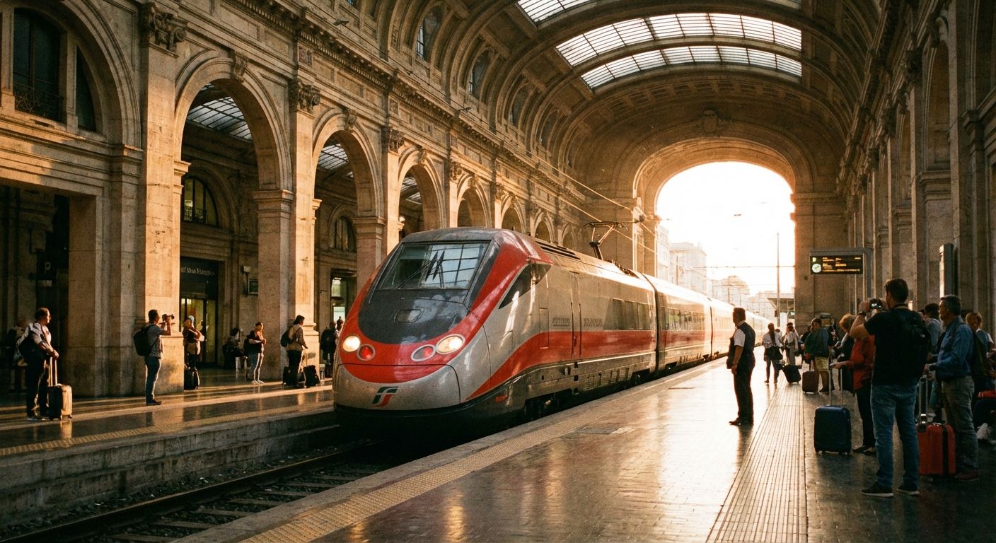 A high-speed train arrives at a grand, historic Italian train station platform during the golden hour. Warm sunlight illuminates the classical architecture, creating an inviting and evocative atmosphere, captured as a candid photograph.