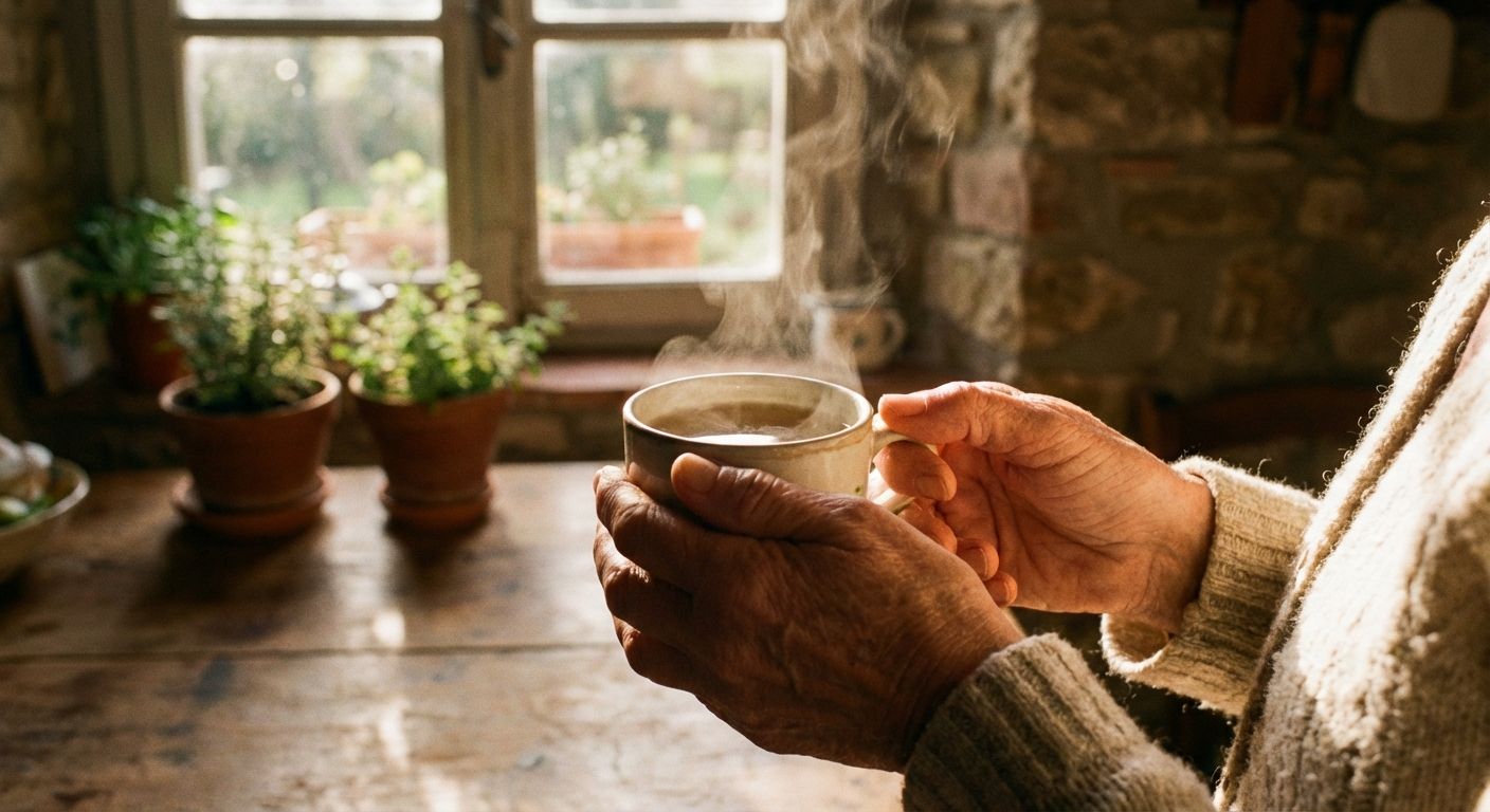 A close-up, warm photograph of hands gently holding a steaming cup of herbal tea, with a soft, comforting light filtering in from a window. The background is softly blurred, suggesting a cozy Italian home interior, conveying a sense of quiet reflection and well-being or care.