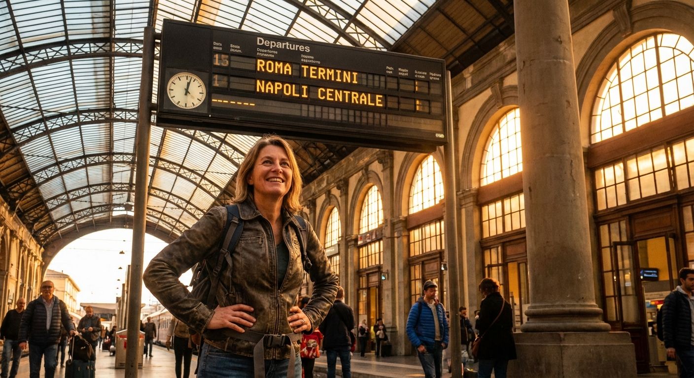 A person stands confidently in a sun-drenched, historic Italian train station, looking at a departure board with a sense of readiness and accomplishment, ready to embark on a new journey. The scene is vibrant and full of warm, inviting light.