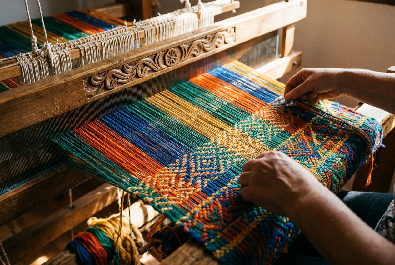 A captivating, detailed close-up photograph of vibrant, colourful threads being meticulously woven together on a traditional Spanish loom. The intricate process shows individual strands intertwining to form a cohesive, organised pattern, bathed in warm, directional light, composed for a 3:2 landscape frame.