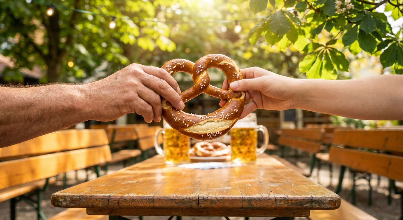 A vivid, sun-drenched photograph of a person’s hands handing a large, salt-dusted Bavarian pretzel to a friend over a rustic wooden table. The background is a soft-focus German beer garden with dappled sunlight filtering through chestnut leaves, creating a warm and welcoming atmosphere.