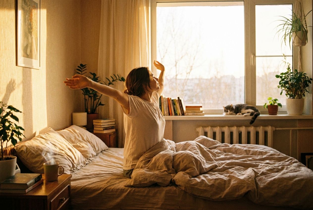 A beautiful, vivid photograph of a young person stretching gracefully as they sit up in bed, bathed in warm, soft morning sunlight streaming through a large window. The cozy room is brightly lit, suggesting the peaceful start of a new day and daily routine, composed for a 3:2 landscape frame.