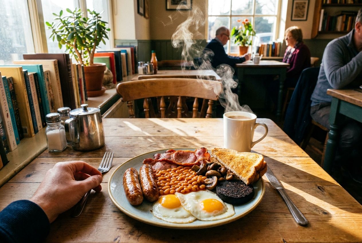 A vibrant, high-angle photograph of a classic full English breakfast on a wooden table in a cozy British cafe. One hand is reaching for a fork, poised to take a bite, while a cup of tea casts a subtle steam plume. The morning light streams in through a window, highlighting the rich textures and colours, composed for a 3:2 landscape frame.