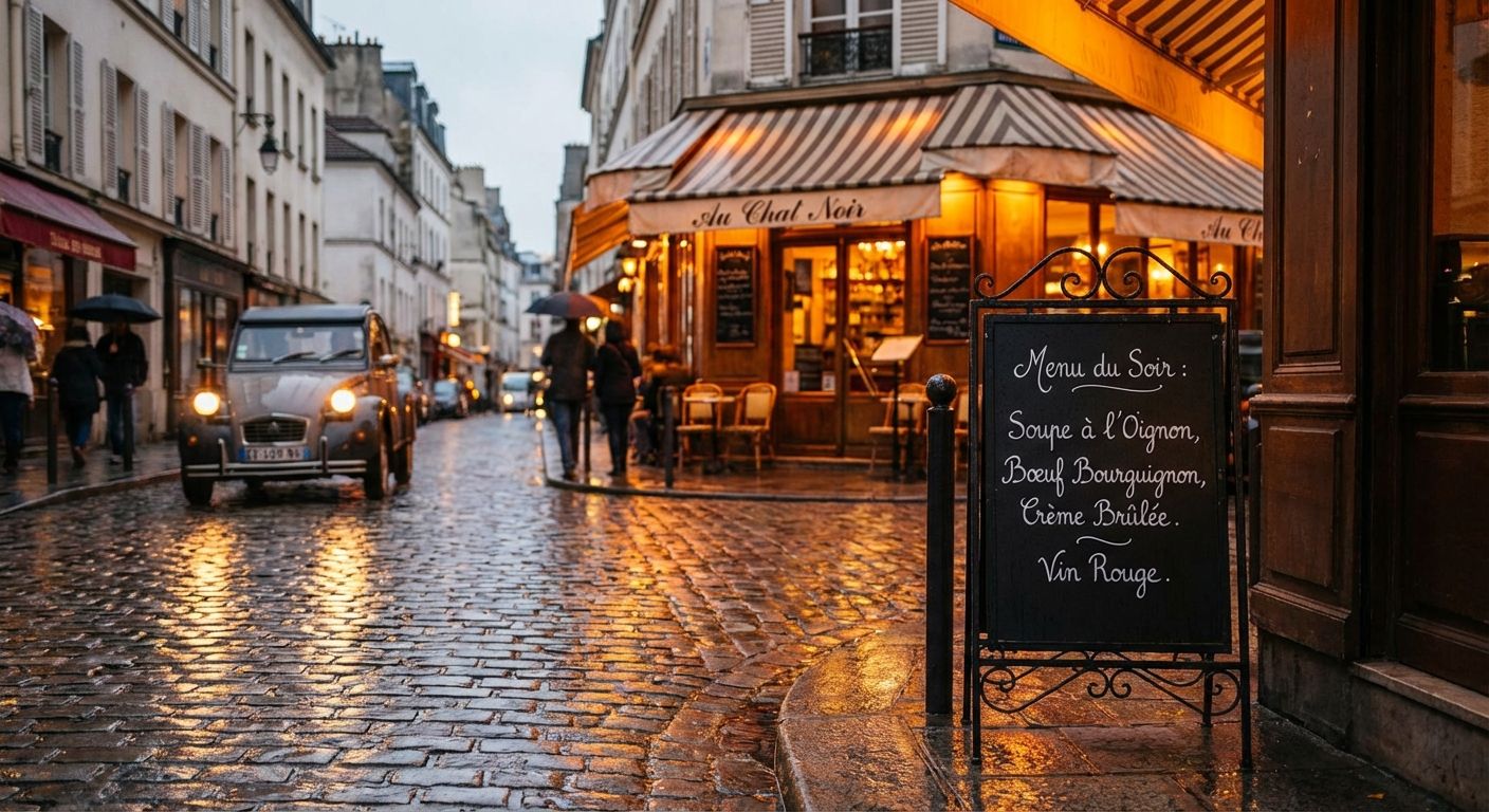 The image captures a cozy street scene in Paris on a rainy evening. A classic Citroen car drives on the cobblestone street. The focus is on a bistro, "Au Chat Noir," with warm, inviting light spilling onto the wet pavement. The color palette is dominated by warm yellows and oranges from the street lights and bistro contrasted with the cool grays and blues of the rainy sky and buildings. A menu board stands near the bistro, displaying dinner options in French. The composition draws the eye along the wet street. The mood is romantic and inviting, evoking a sense of classic Parisian charm.