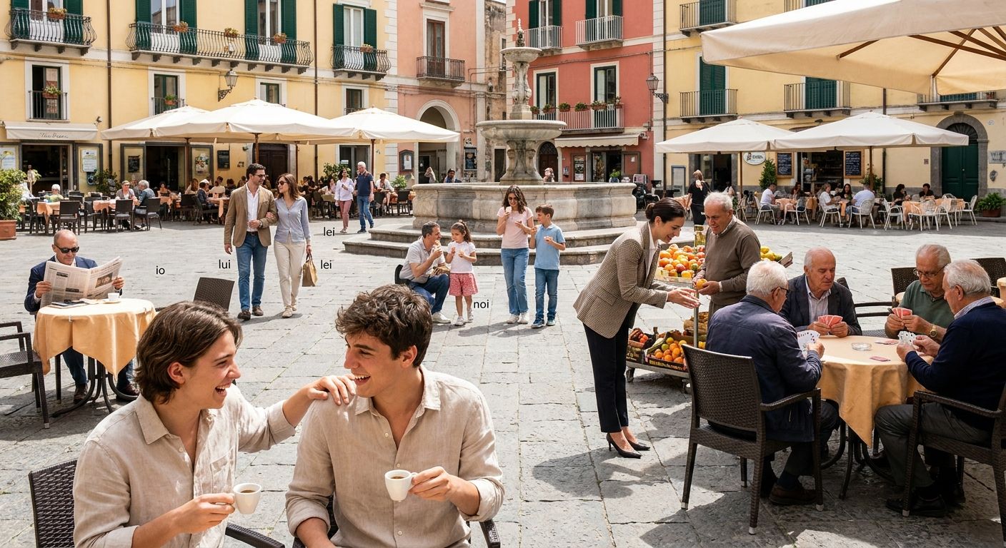A vibrant, sun-drenched photograph in a bustling Italian piazza, capturing the essence of social interaction. In the foreground, two young friends share a hearty laugh over espresso, their body language open and informal, representing 'tu'. In the mid-ground, a person politely addresses a shopkeeper with a respectful, more formal posture, embodying 'Lei', with other individuals implicitly representing 'io', 'lui', 'lei', 'noi', 'voi', 'loro' in the lively scene.