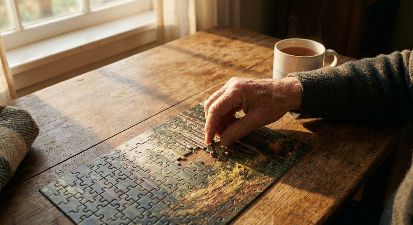 A high-angle, close-up photograph of a person's hand carefully placing the final piece into a wooden jigsaw puzzle on a rustic oak table. The scene is bathed in warm, soft morning sunlight, creating a sense of quiet accomplishment and completion.