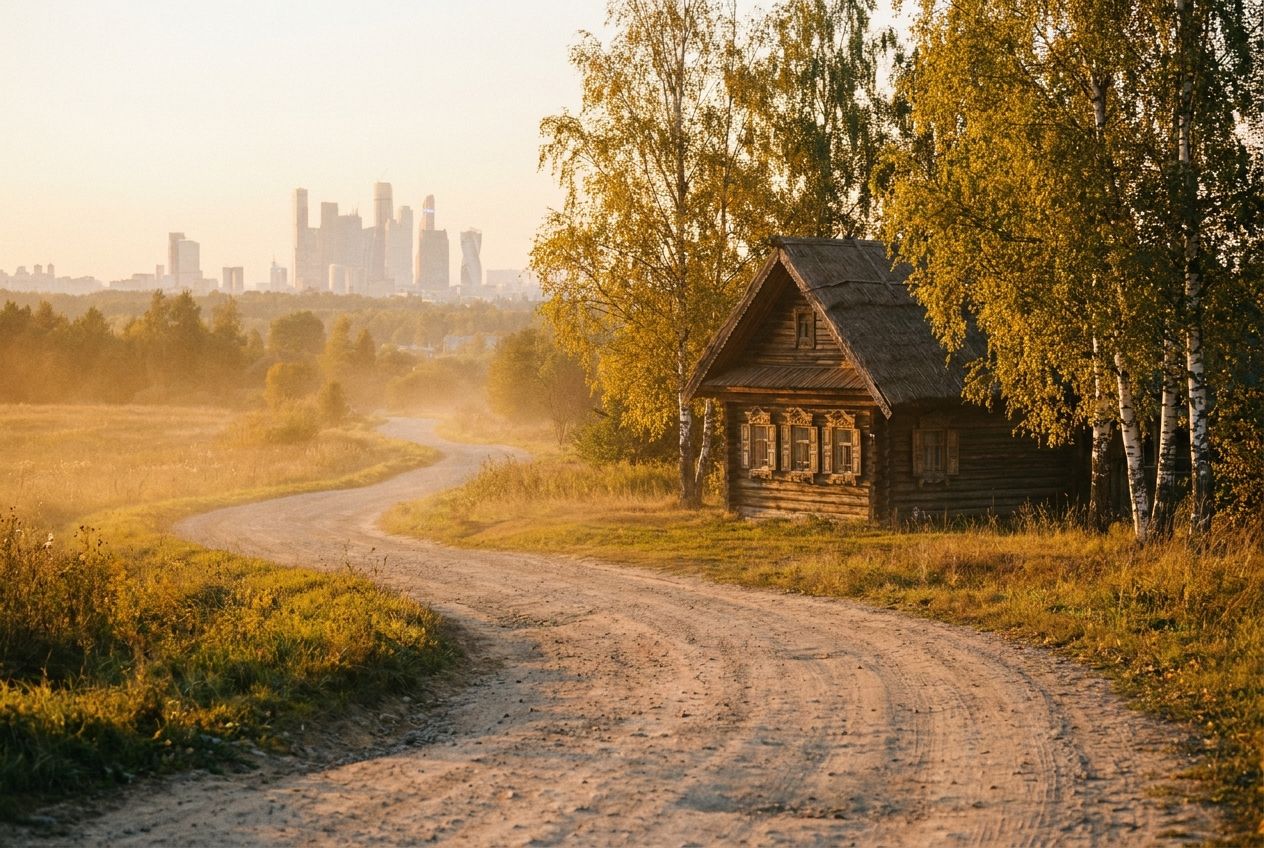 A winding, dusty road through the golden Russian countryside, a traditional wooden izba cottage nestled amongst birch trees in the midground, leading towards a hazy, modern city skyline barely visible on the distant horizon, bathed in warm, low golden hour light, 3:2 landscape.
