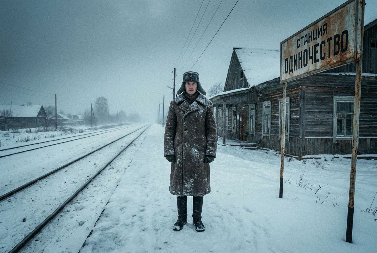 A solitary figure, bundled in a warm coat, stands on an empty, snow-covered train station platform in a remote Russian town. The long, desolate train tracks stretch into a hazy, snowy distance under an overcast sky, conveying a profound sense of isolation and waiting, composed for a 3:2 landscape frame with cool, muted light.