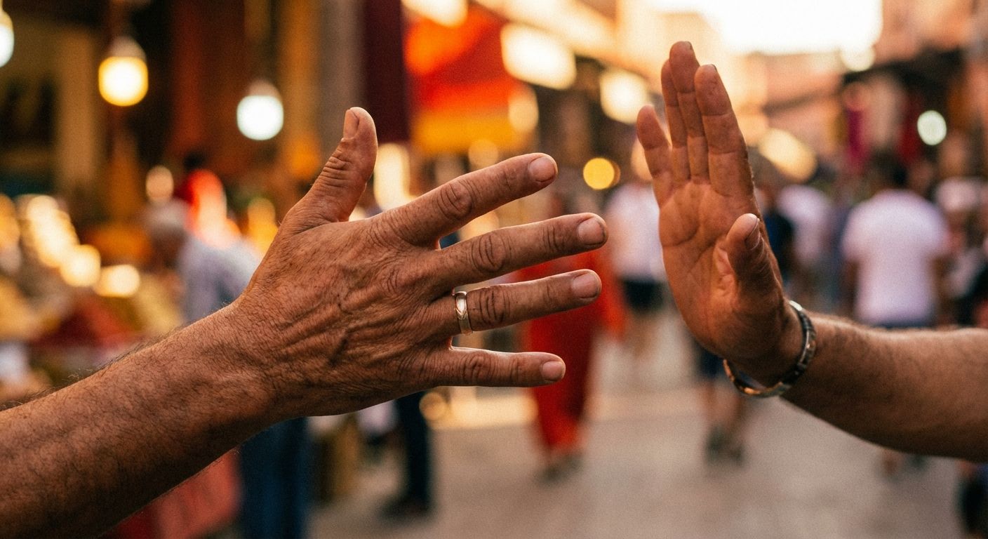 A close-up, dynamic photograph of two expressive hands: one hand gestures forward with an open palm, indicating 'go' or 'do', while the other hand is raised with an open palm, indicating 'stop' or 'don't'. The hands are set against a softly blurred, warm-toned background, hinting at a lively, communicative setting, under natural light.