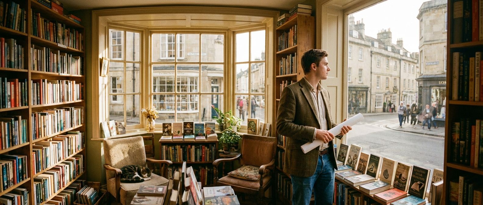 A wide-angle, warm photograph inside a charming independent bookshop in a historic British town. A young entrepreneur stands thoughtfully, a rolled-up business plan in hand, gazing out the large front window at the bustling street, contemplating the future of their carefully arranged shop, with sunlight streaming in and highlighting cozy shelves filled with books.