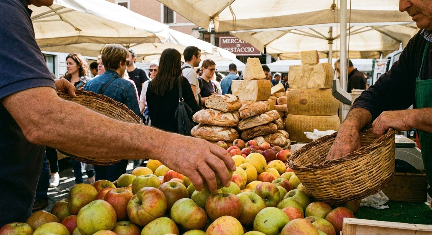 A vibrant, close-up photograph of a customer's hand reaching for fresh, colorful apples at a bustling Italian market stall, with artisan bread and various cheeses visible in the background. The scene is bathed in warm, natural light, capturing the lively atmosphere of an authentic Italian food market.