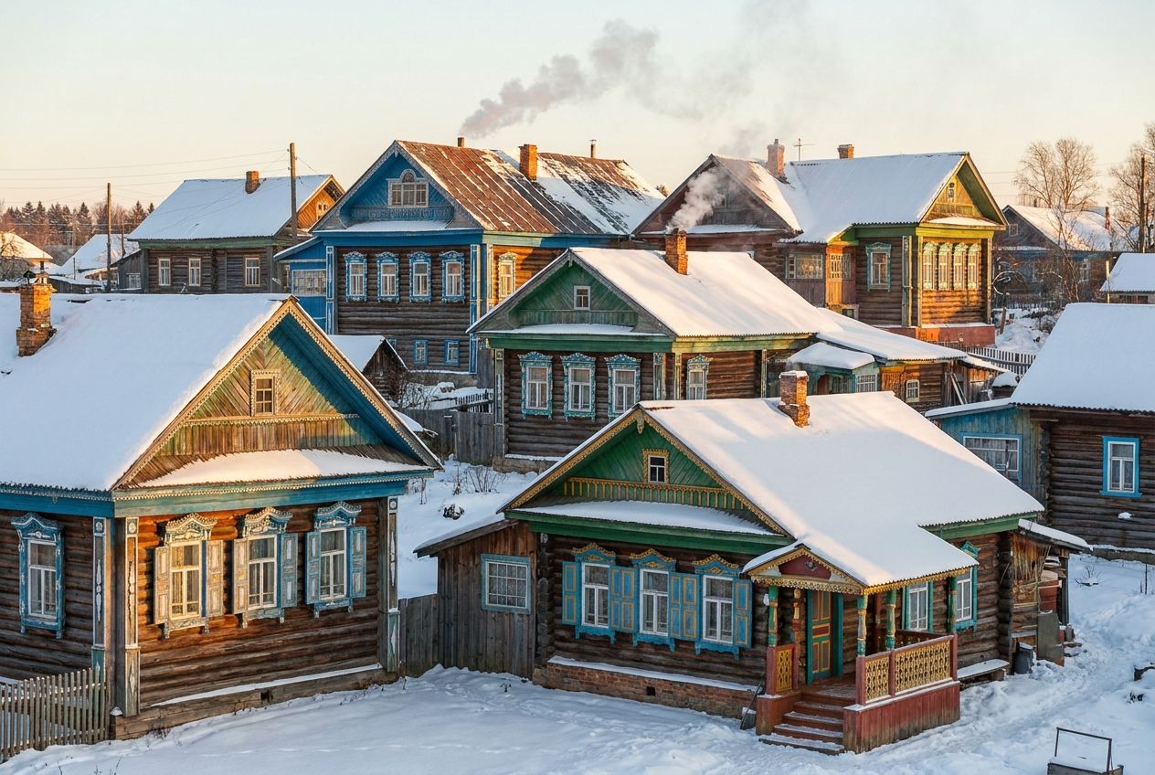 A low-angle, wide shot of a cluster of vibrant, traditional Russian wooden houses (izbas) with intricately carved window frames, nestled in a snowy village. Golden hour light bathes the scene, casting long shadows and highlighting the rich textures of the wood, emphasizing the collection of distinct homes in a 3:2 landscape frame.