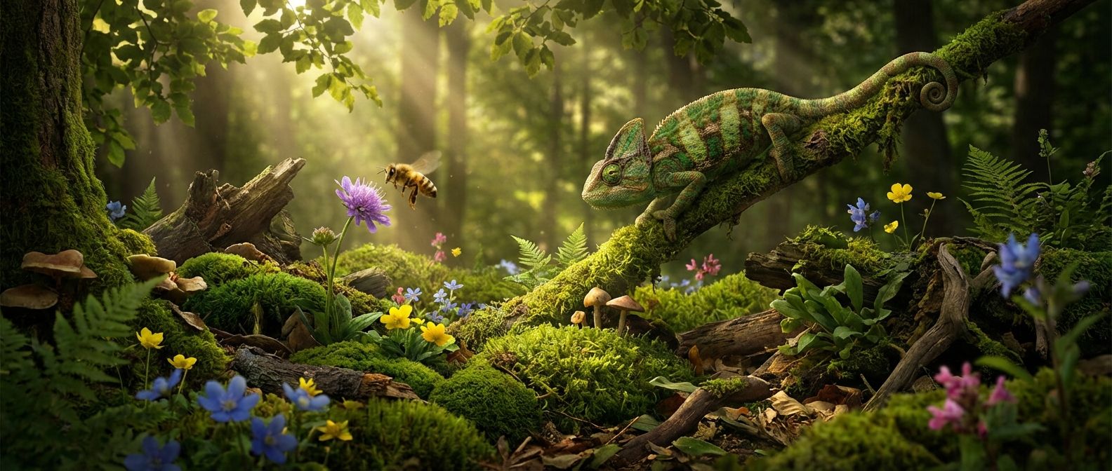 A vibrant, richly detailed forest floor scene, with sun-dappled moss, ferns, and wildflowers. A chameleon is camouflaged on a branch, its eye scanning the environment, while a bee hovers near a blossom, illustrating the intricate interdependence and adaptations within a lush, living ecosystem, captured with dramatic lighting in a wide, horizontal frame.