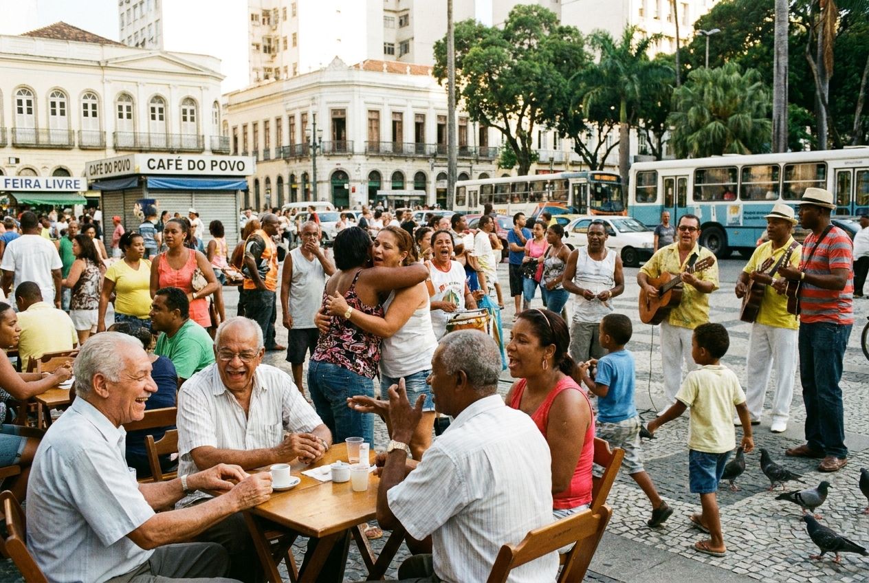 A lively, sun-drenched morning in a bustling public square (praça) in a vibrant Brazilian city. Diverse people are animatedly conversing and interacting, their faces expressive as they engage in daily life. The scene captures the authentic spirit of spoken Brazilian Portuguese in a 3:2 landscape photograph.
