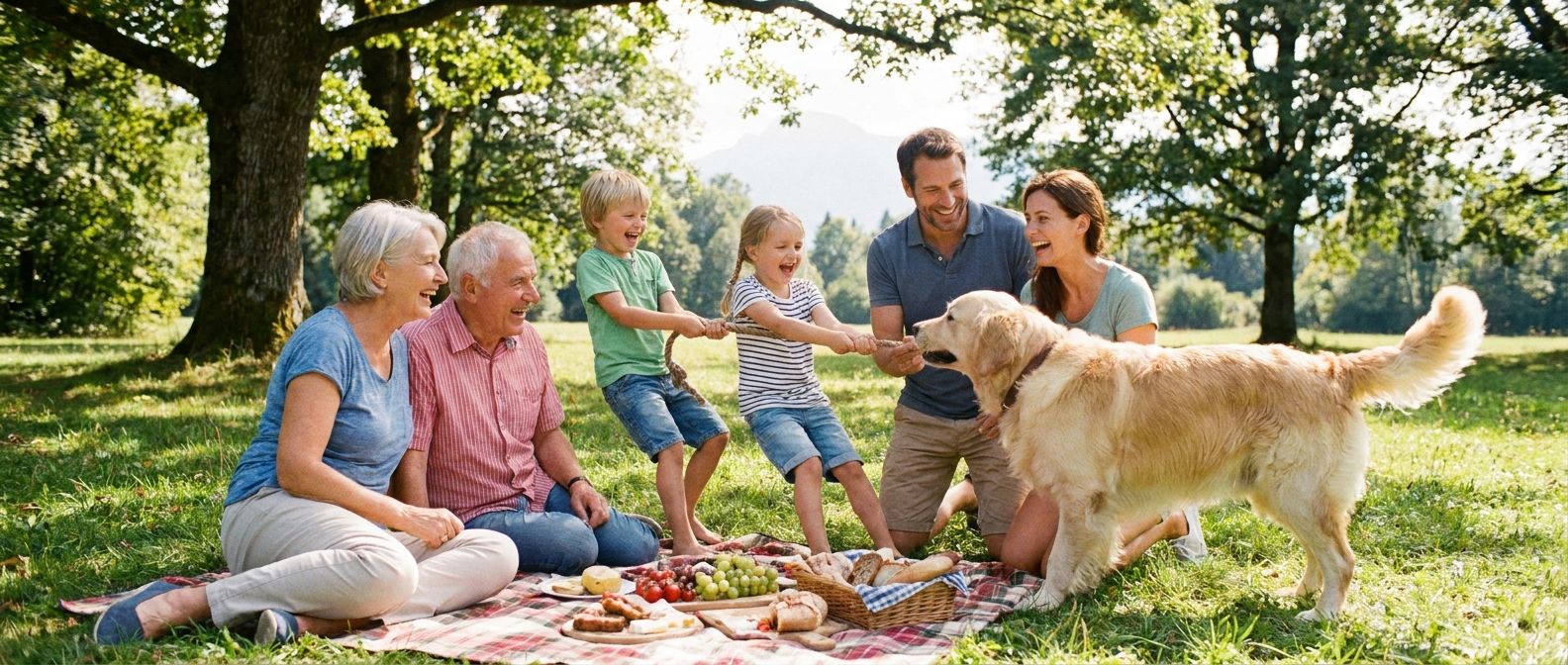 A warm, candid photograph of a multi-generational German family enjoying a picnic in a sun-dappled park in Bavaria. Parents, two children, and their friendly dog are interacting happily, with the children playfully engaging with the dog. The scene is full of warmth and connection, captured in a wide, horizontal frame.