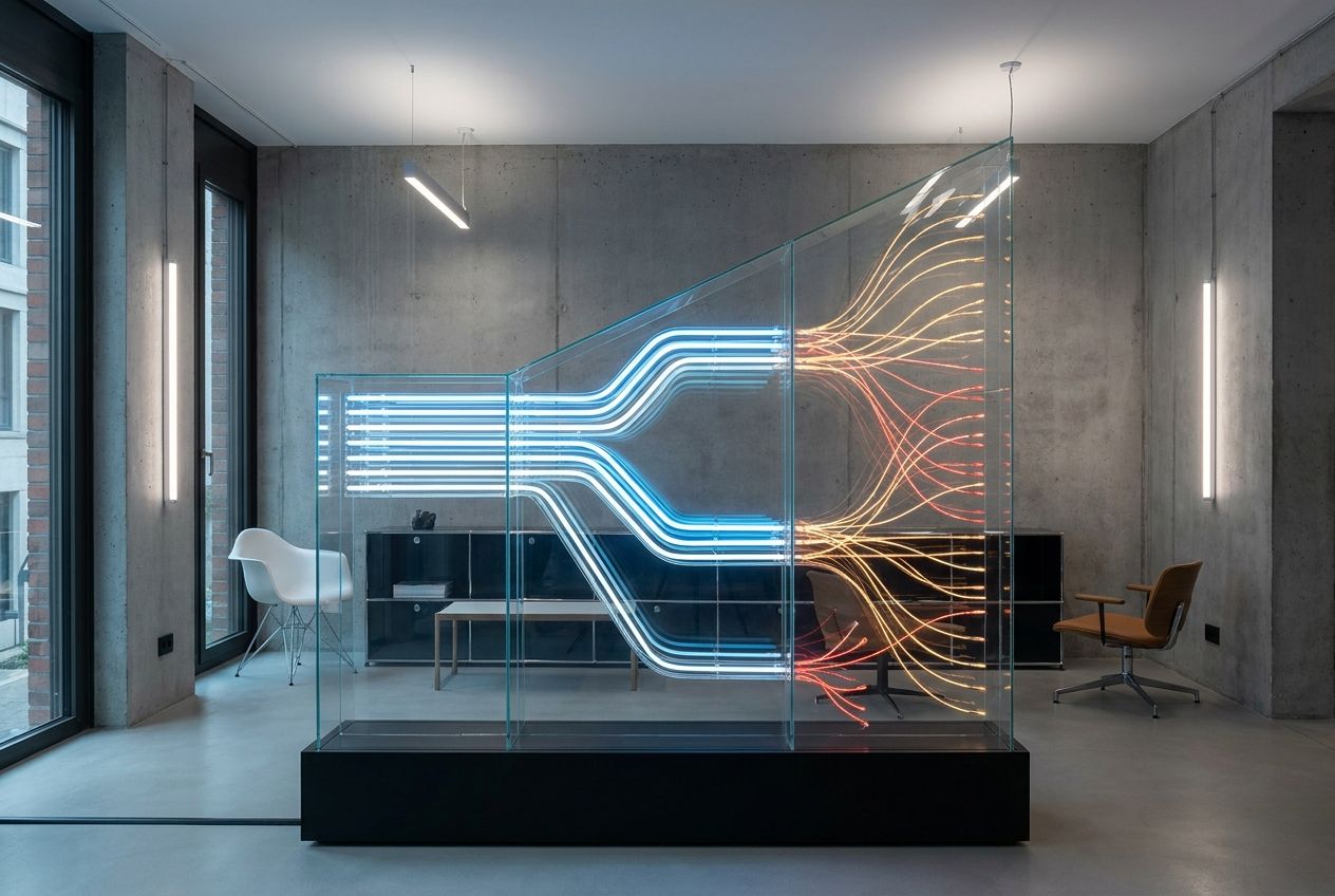 A striking photograph of a complex, glowing network of interconnected pathways and branching structures, resembling a sophisticated architectural model, set within a sleek, modern European interior. The intricate design and luminous lines represent advanced compliance architecture and decision trees, with certain delicate, diverging paths highlighting the challenge of edge cases. The scene is lit with a precise, futuristic glow, emphasizing clarity and precision in a 3:2 landscape frame.