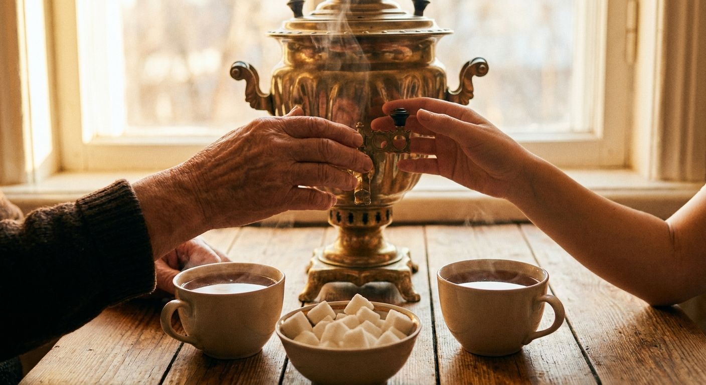 A warm, intimate close-up photograph of two hands, one older and one younger, reaching towards a steaming traditional Russian samovar and cups of hot tea with sugar cubes on a rustic wooden table, bathed in soft, golden light, capturing a sense of shared tradition and companionship.