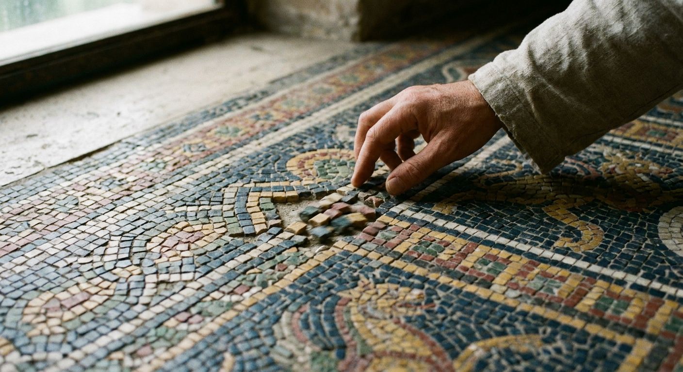 A dramatic, close-up photograph of an ancient, intricate Italian mosaic floor, rich in color and detail. One small section of the mosaic appears subtly blurred or slightly misaligned, creating a visual break in the pattern. A human hand, with a gentle and focused touch, reaches into the frame, its fingers delicately hovering near the imperfect section, as if trying to bring it back into clarity or re-align the pieces. The scene is bathed in soft, natural light, emphasizing texture and depth.