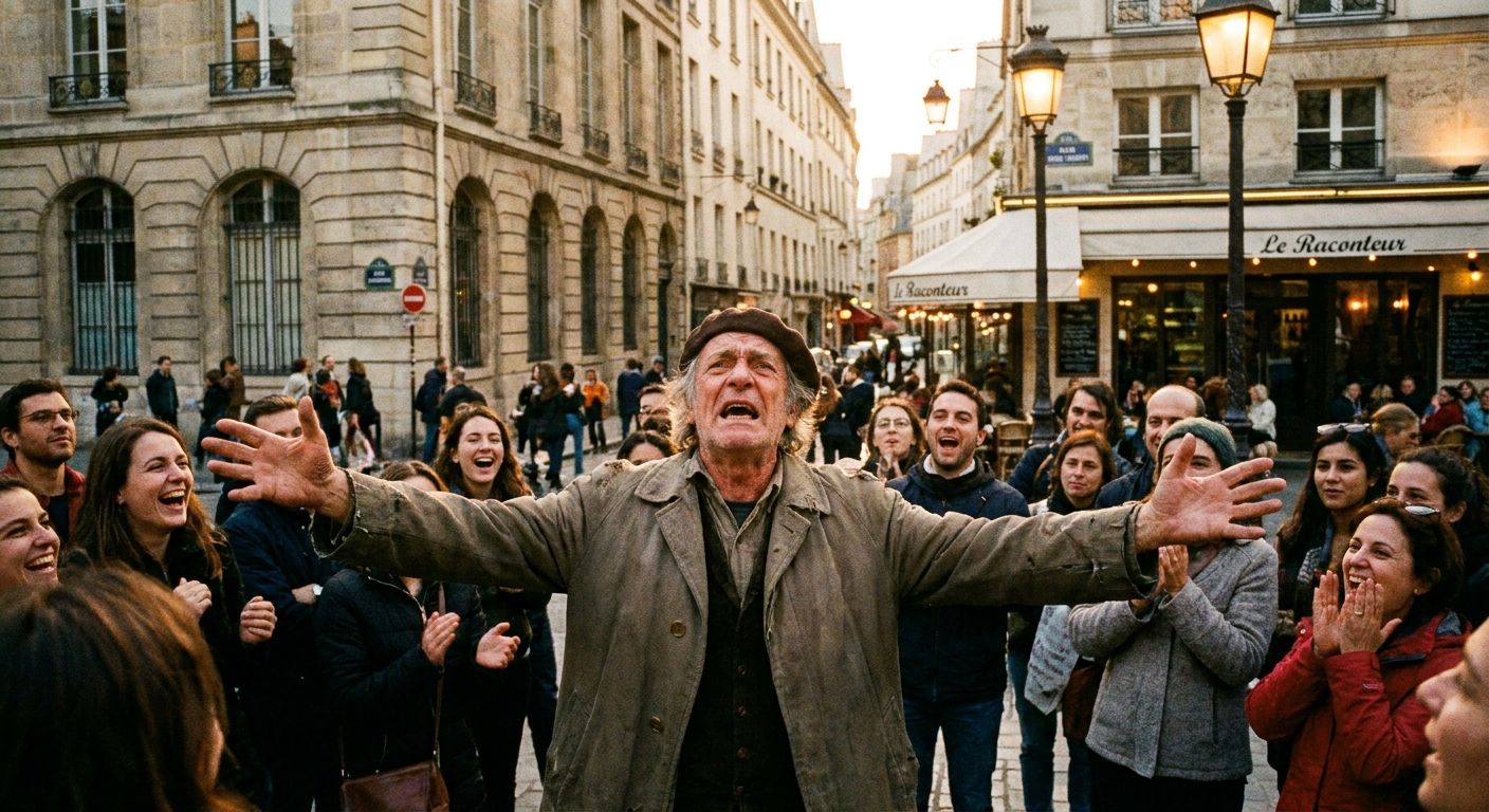 A candid, dramatic photograph of a French street performer, perhaps a storyteller or mime, vividly re-enacting a scene or recounting a tale to an engrossed audience in a bustling Parisian square. The performer's expressive face and gestures convey the essence of relayed narrative, captured in warm, ambient light.
