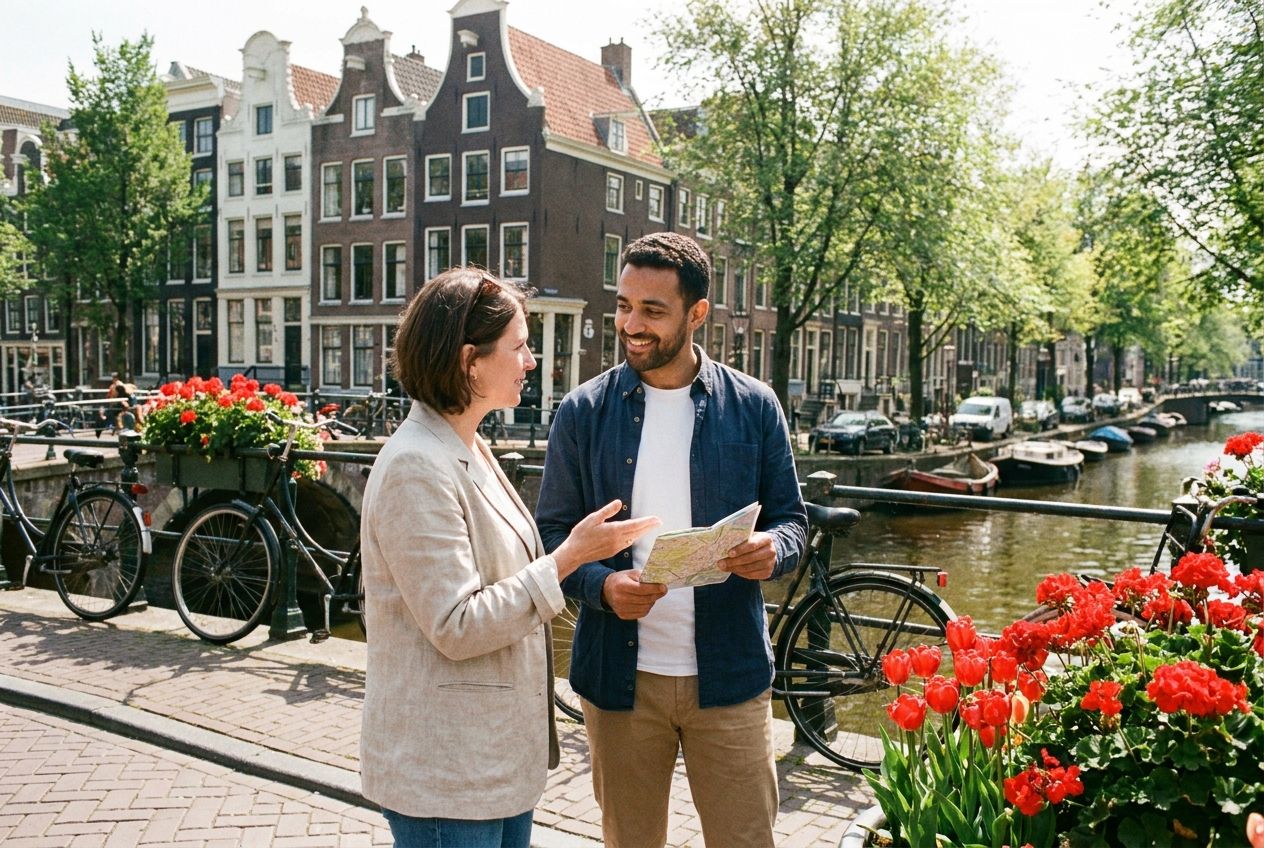A polite conversation between two people on a charming, sunlit canal-side street in a Dutch city. One person is gesturing slightly, perhaps asking for directions or information, while the other listens attentively with a friendly expression. Traditional Dutch architecture, bicycles, and blooming flowers line the canal, captured in a vivid, realistic photograph with a 3:2 landscape aspect ratio.