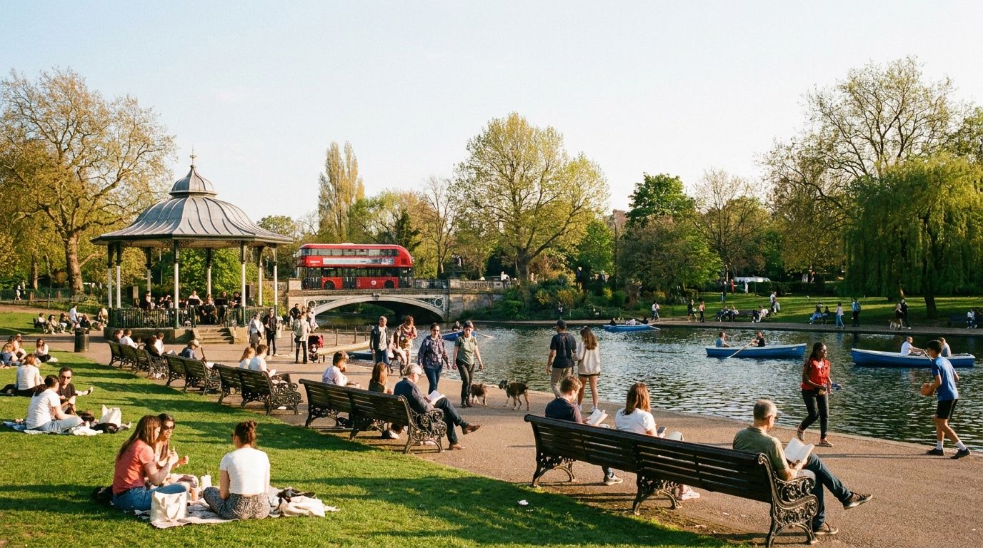 A lively, wide-angle photograph of a bustling British park on a sunny afternoon, with people engaged in various activities like walking, reading on benches, and enjoying picnics, while a classic red double-decker bus passes in the distance, capturing the essence of daily routines and preferences.