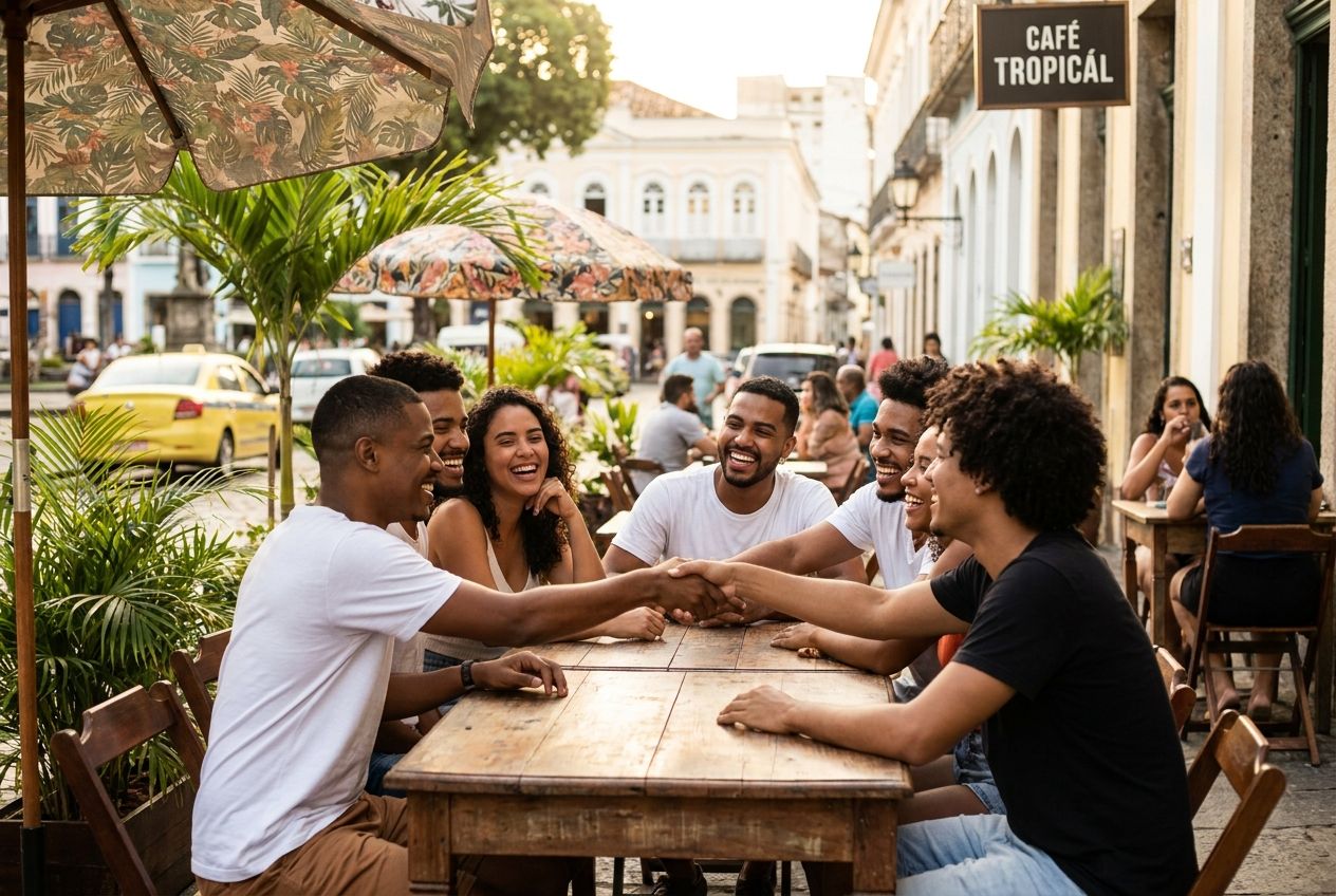 A diverse group of young adults making warm introductions and exchanging smiles at a lively, sun-drenched outdoor cafe in a vibrant Brazilian city. The scene captures a moment of connection and conversation, with hints of bustling street life in the soft background, composed for a 3:2 landscape.