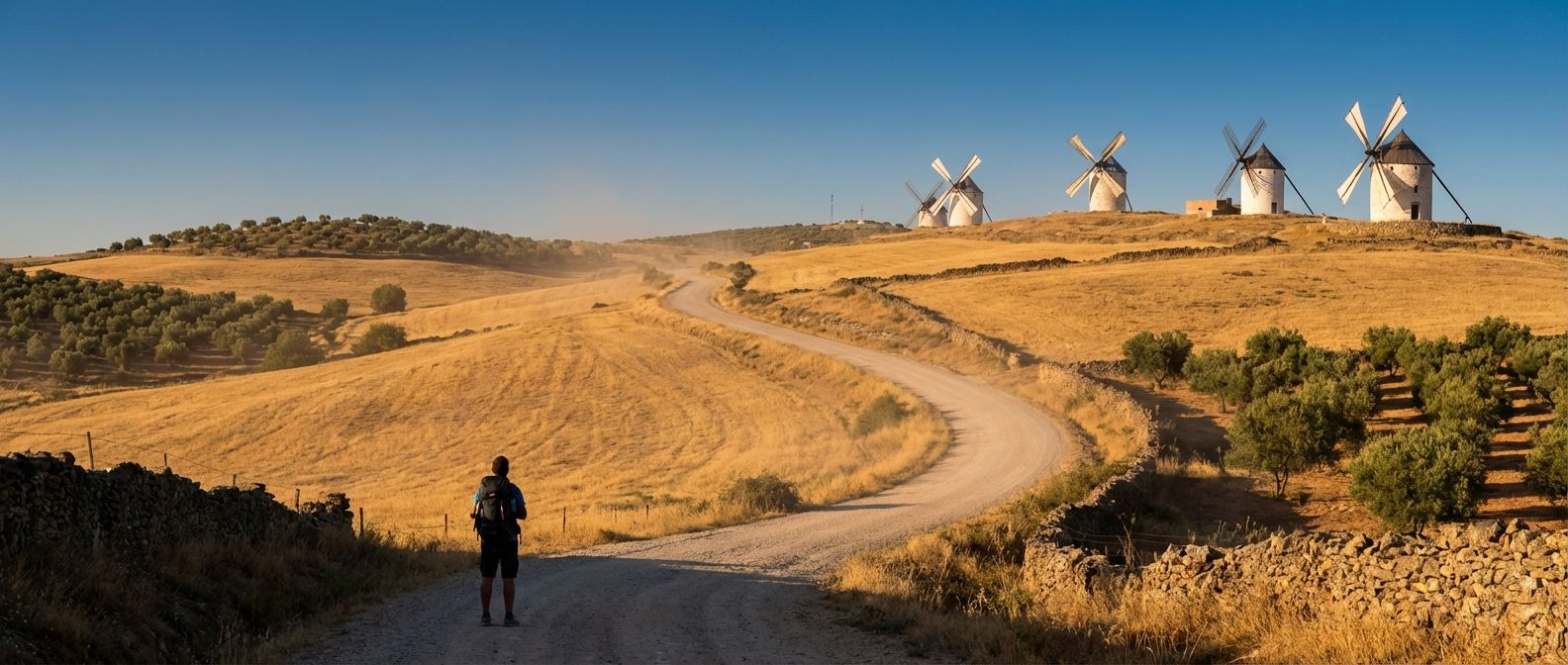 A wide-angle, dramatic photograph of a winding, dusty road stretching across sun-drenched, rolling hills in a classic Spanish landscape. In the distance, a few historic windmills stand against a clear blue sky, evoking a sense of an unfolding journey and an 'once upon a time' story. A lone, silhouetted figure walks along the road, looking towards the horizon, symbolizing a protagonist embarking on a narrative.
