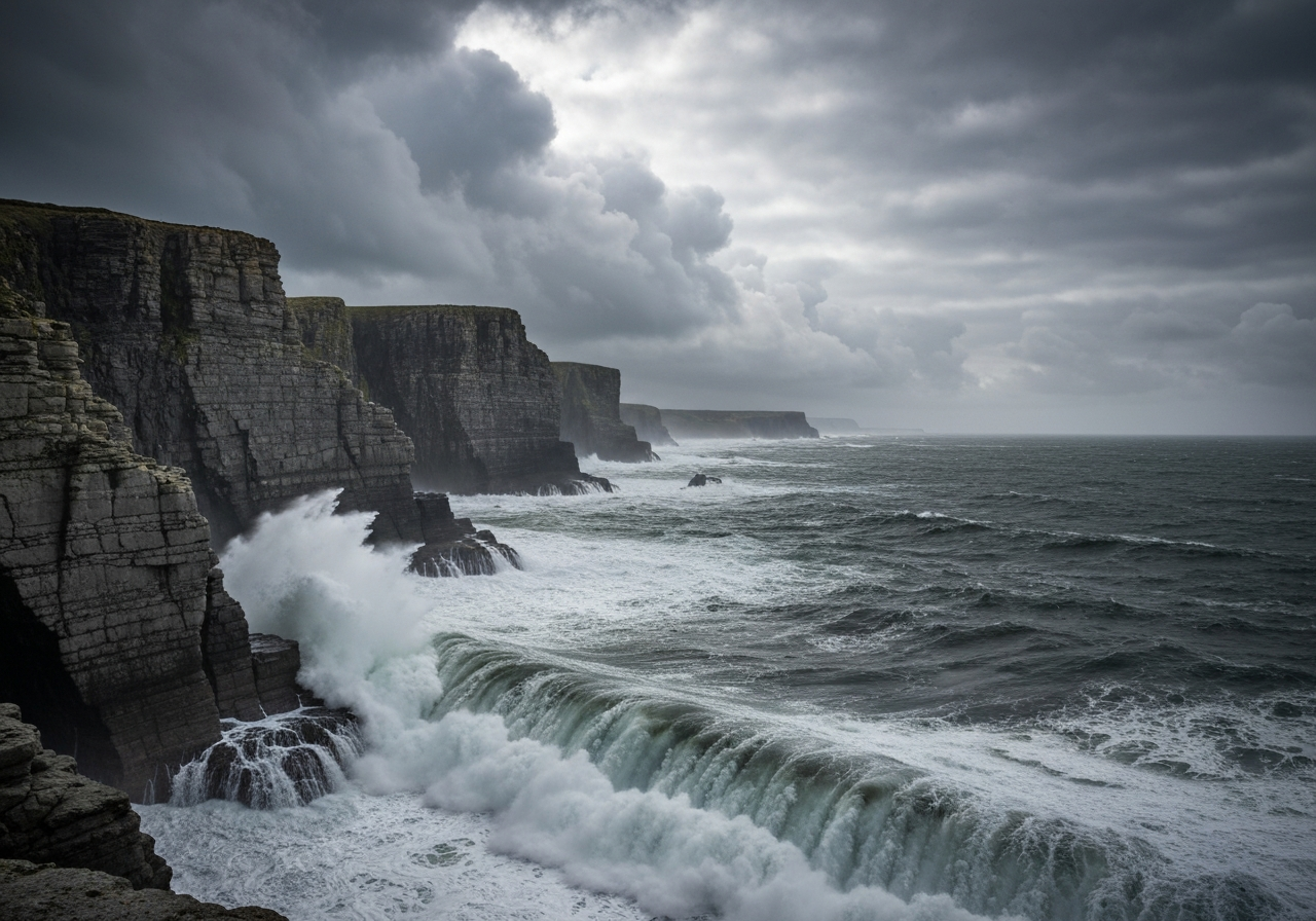 A dramatic wide-angle photograph of a rugged French coastline, with powerful waves crashing against dark cliffs under a tumultuous sky. Heavy, windswept storm clouds gather overhead, hinting at an approaching or ongoing tempest.