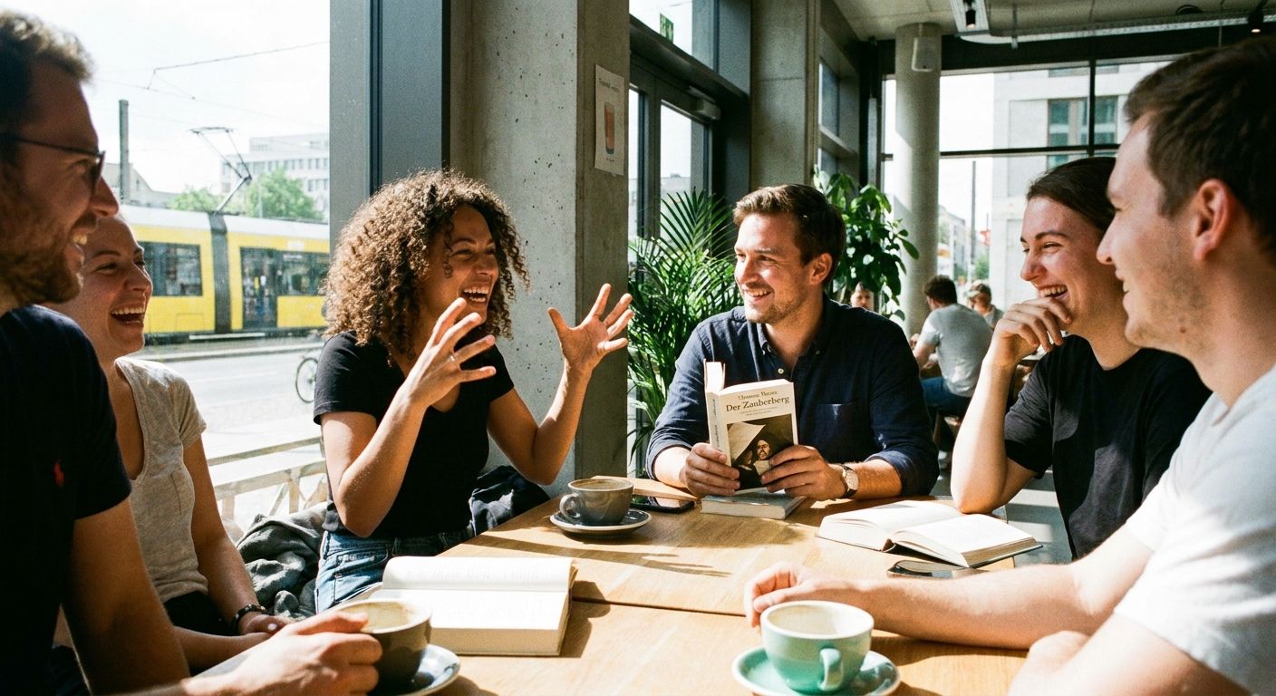 A dynamic, close-up photograph of diverse people gathered around a table in a sunlit, modern cafe in Berlin. One person is mid-sentence, gesturing animatedly, while another smiles, holding a German novel. The scene captures the lively exchange of conversation and the joy of shared interests, with warm, inviting lighting.