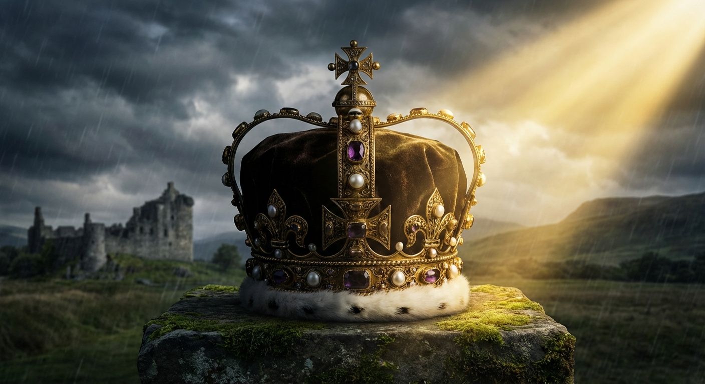 A majestic, ancient Scottish crown, intricately detailed, rests upon a weathered stone plinth. One side of the crown is bathed in a pure, ethereal golden light, while the other is cast in deep, dramatic shadow, with a brooding, turbulent Scottish landscape under a stormy sky visible in the wide background.