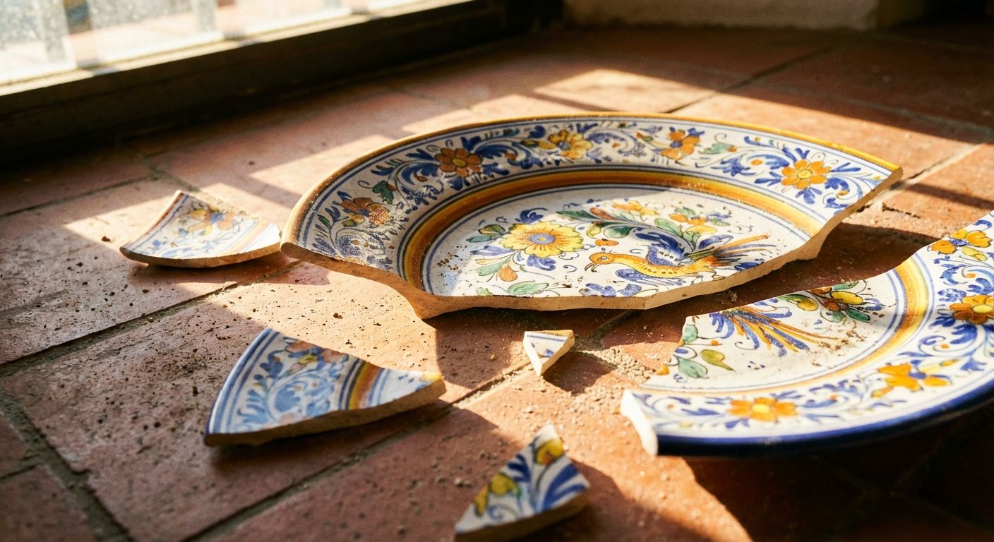 A vivid, close-up photograph of a traditional hand-painted Spanish ceramic plate that has been shattered into several large pieces on a terracotta floor. Bright Mediterranean sunlight streams across the scene, highlighting the vibrant blue and yellow patterns and the sharp, clean edges of the break.