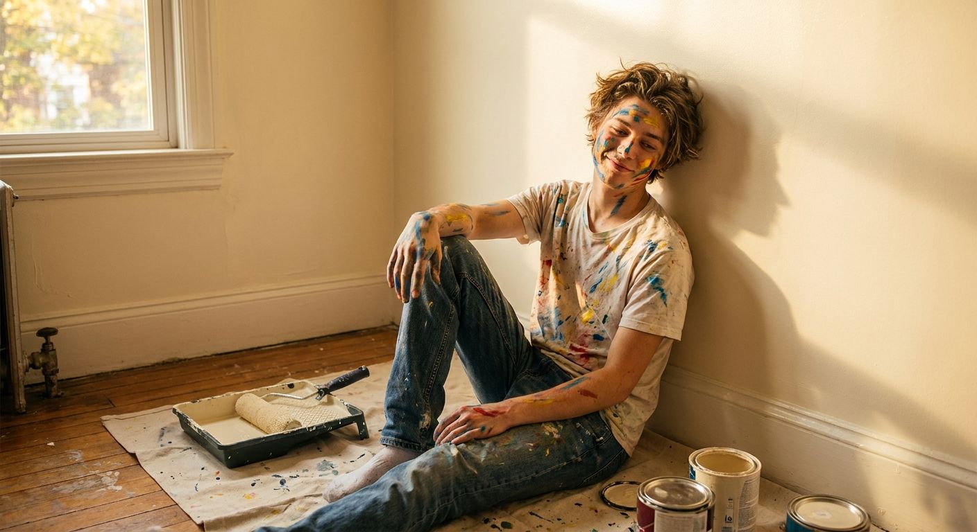 A vibrant, realistic photograph of a young person, their face and hands smudged with colorful paint, looking tired but content. They lean against a freshly painted, light-colored wall, with a paint roller resting on a drop cloth nearby. Soft, natural light streams in, highlighting the visible results of their recent work in a warm, domestic setting.