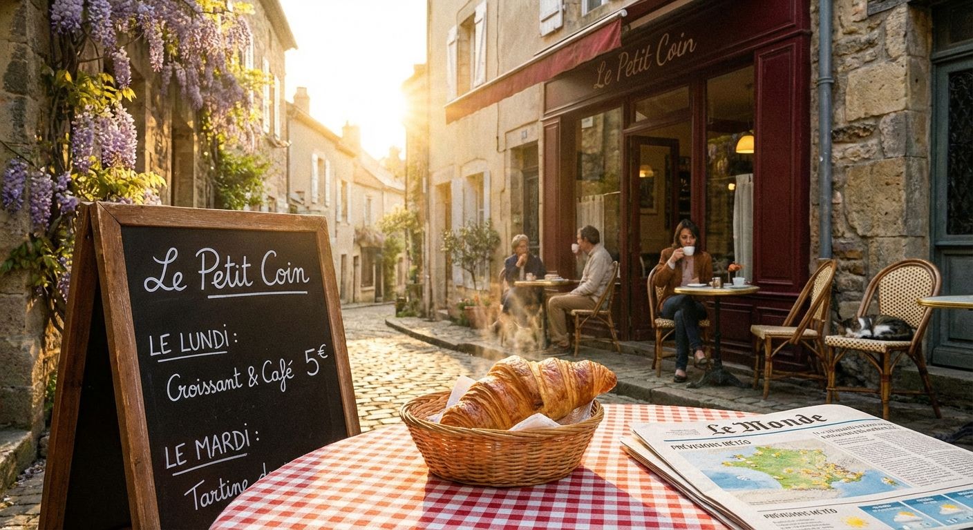 This is a warm, inviting scene of a French cafe. The style is realistic with a slightly romantic, sun-drenched feel. The foreground features a table with a red and white checkered tablecloth, a basket of croissants, and a newspaper.  A chalkboard menu advertising "Le Petit Coin" is on the left.

In the background, the cafe "Le Petit Coin" is visible with people sitting at tables. The architecture is old-world European, with stone buildings and a narrow, cobblestone street leading into the distance, bathed in golden sunlight. Lavender wisteria drapes over the buildings on the left, adding a pop of purple to the warm color palette. The overall composition guides the eye from the foreground table to the cafe and the sunlit street beyond.