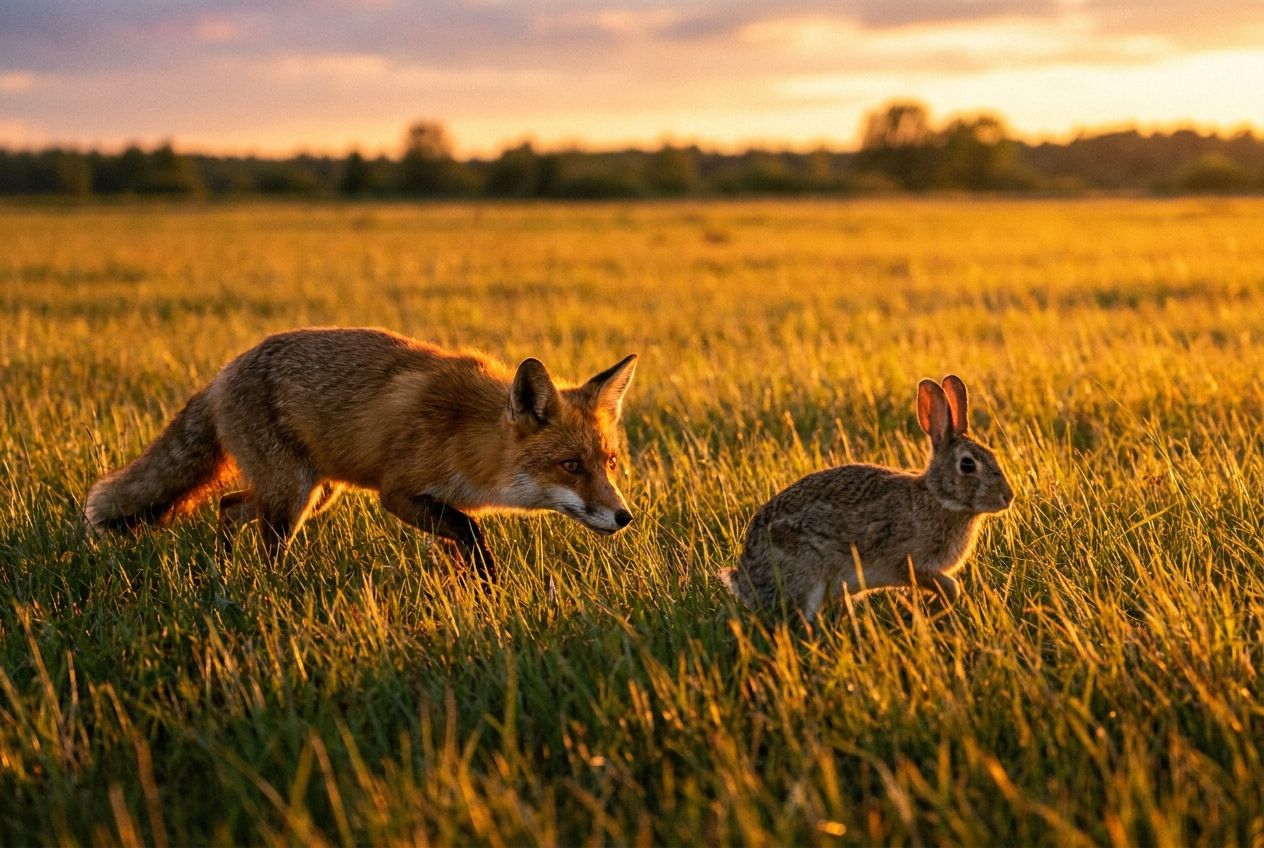 A red fox, alert and focused, stalking a rabbit in a vast, sun-drenched grassy field. Golden hour light illuminates the scene, highlighting the intensity of the predator-prey interaction. Dramatic wildlife photography, composed for a 3:2 landscape frame.