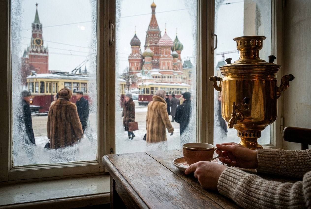 A close-up, art-directed photograph from inside a traditional Russian cafe, looking out through a large window at a bustling Moscow street scene. The warm, soft light highlights a person's hands subtly visible in the foreground, perhaps holding a cup of tea, with the vibrant, slightly blurred city life visible beyond the glass, composed for a 3:2 landscape frame.