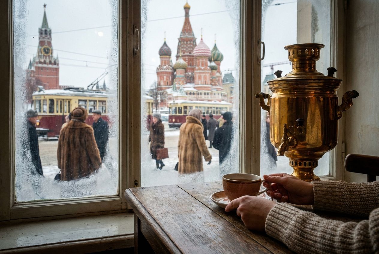A close-up, art-directed photograph from inside a traditional Russian cafe, looking out through a large window at a bustling Moscow street scene. The warm, soft light highlights a person's hands subtly visible in the foreground, perhaps holding a cup of tea, with the vibrant, slightly blurred city life visible beyond the glass, composed for a 3:2 landscape frame.