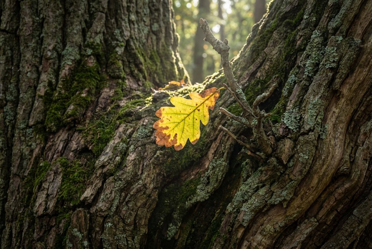 A dramatic close-up of the rough, textured bark of an ancient tree, with resilient moss and lichen growing in its crevices, symbolizing the plant's physical defences. In a small, focal area, a single, slightly yellowing leaf, still clinging to a branch, hints at the subtle signs of disease against the backdrop of strength. Shot in dappled forest light, 3:2 landscape.
