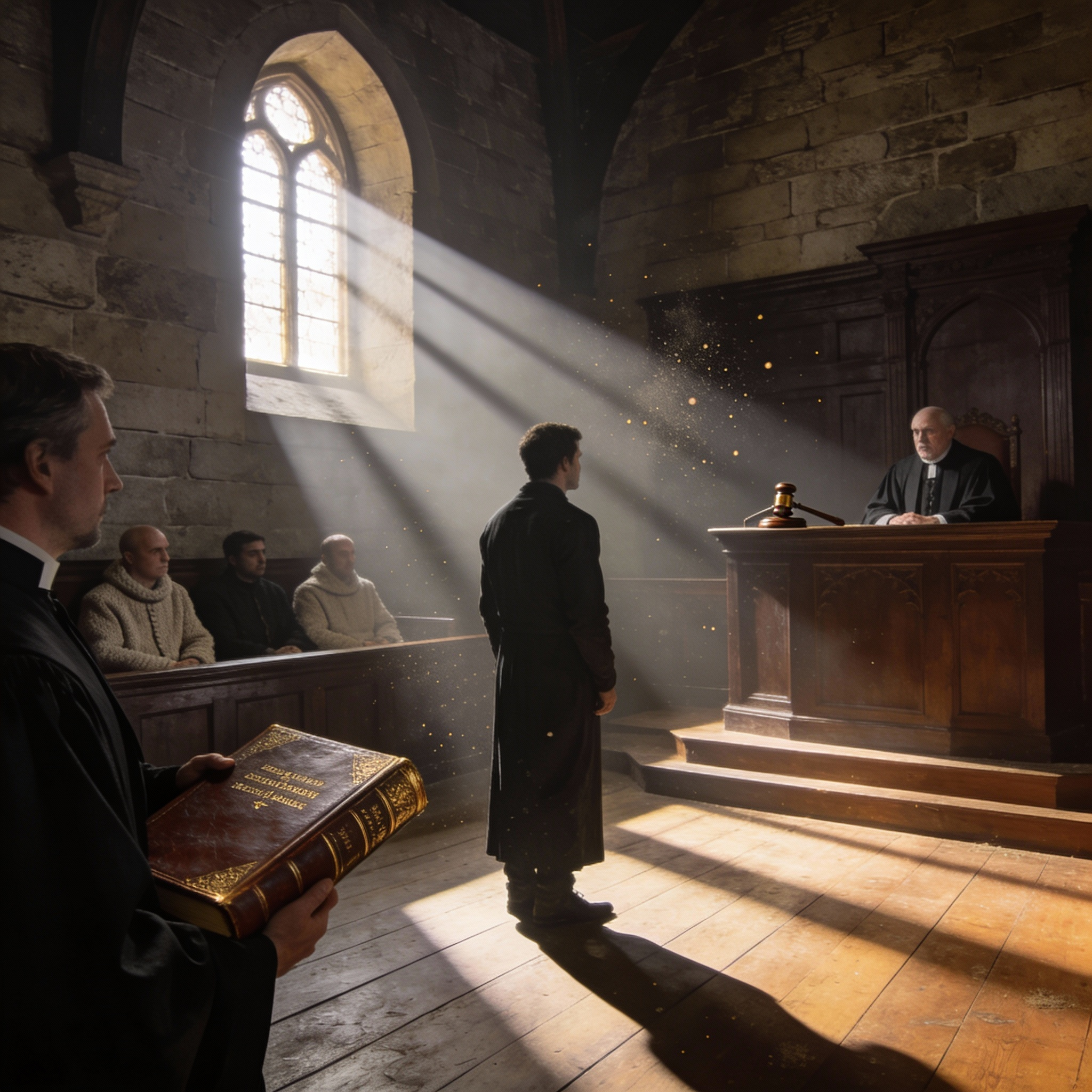 A dimly lit medieval courtroom scene. A man stands before a stern-looking judge and jury, with a priest standing nearby holding a bible. Sunlight streams through a high window, casting long shadows across the room.
