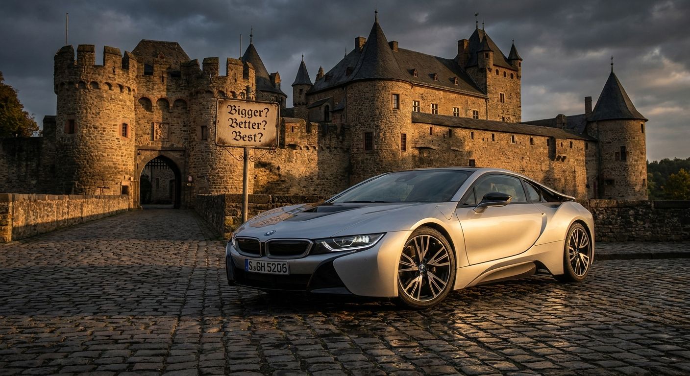 A sleek, modern German sports car is parked on an old cobblestone street in front of a majestic, ancient German castle. Dramatic lighting emphasizes the striking contrast between the car's contemporary design and the castle's historic grandeur, inviting a visual comparison of "bigger," "better," or "best" in different contexts.