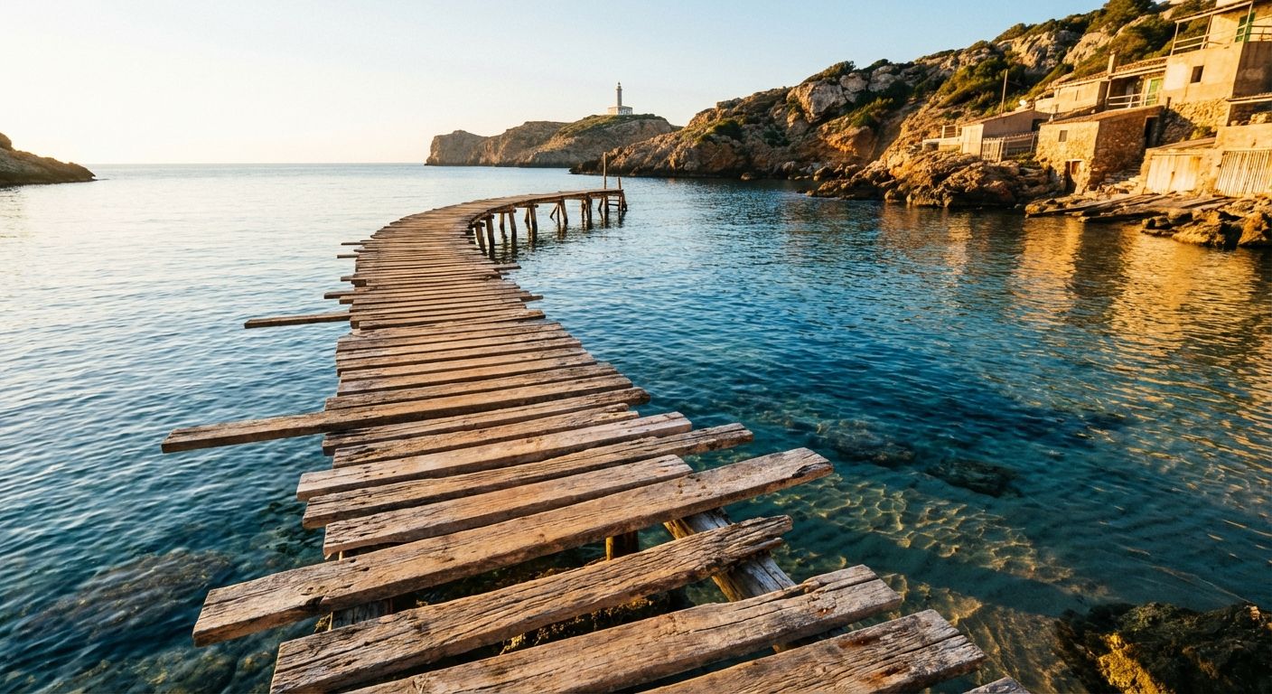 A weathered wooden pier with some irregularly spaced or slightly misaligned planks, stretching into the clear blue waters of a Spanish coastline. The pier makes a gentle, winding turn as it extends towards the horizon, under the warm, golden light of a setting sun.